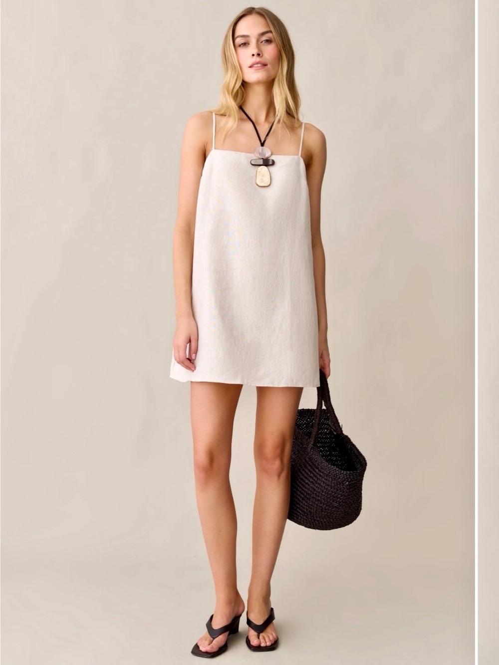 NWT. Minimal Strappy Cream Linen Dress in Oatmeal